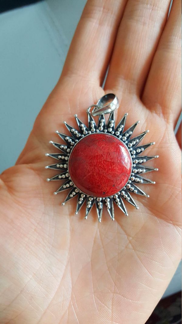 Eliz Sterling Silver 925 Natural Red Coral SUN Pendant Exclusive Custom Made Gift Talisman Amulet