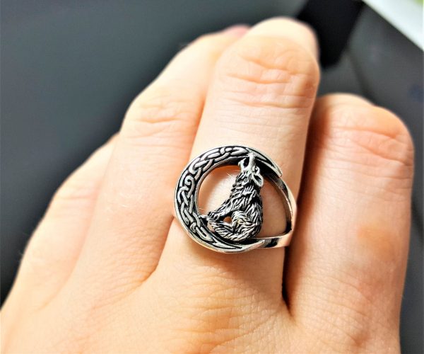 Howling Wolf Ring 925 Sterling Silver New Moon Crescent Moon Celestial Talisman Protective Amulet Totem Animal