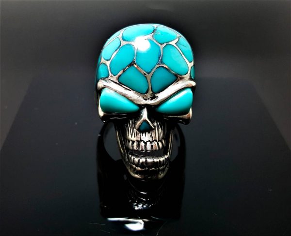 925 Sterling Silver Skull Natural Turquoise Skull Ring Heavy 26 grams
