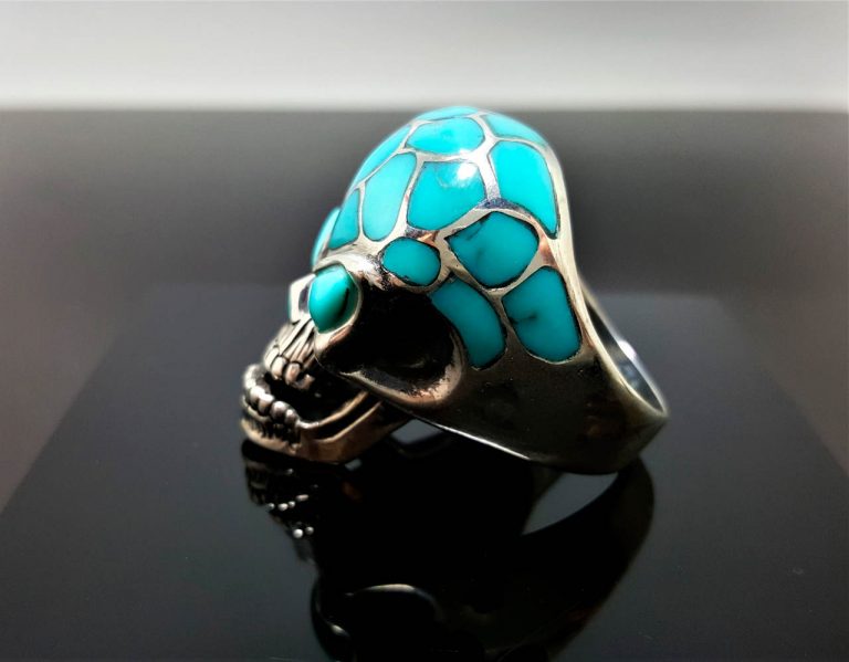 925 Sterling Silver Skull Natural Turquoise Skull Ring Heavy 26 grams