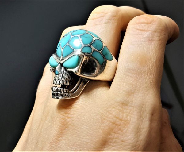 925 Sterling Silver Skull Natural Turquoise Skull Ring Heavy 26 grams