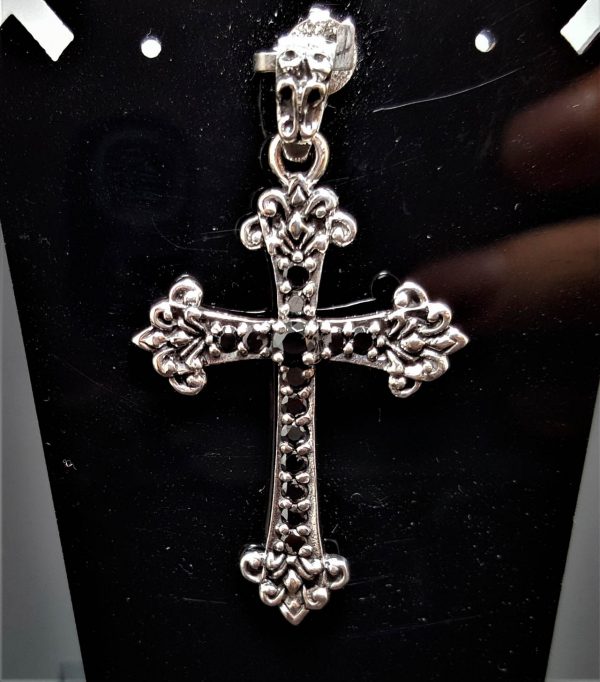 STERLING SILVER 925 Cross Pendant Black Zirconia Gothic Cross Christian Crucifix Retro Bohemian