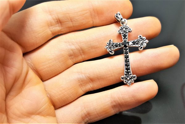 STERLING SILVER 925 Cross Pendant Black Zirconia Gothic Cross Christian Crucifix Retro Bohemian