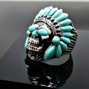 Sterling Silver 925 Skull American Indian Tribal Chief Warrior Natural TURQUOISE Ring Native American Spirit Amulet Talisman