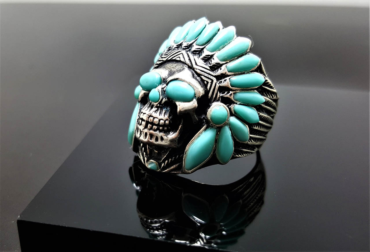 Sterling Silver Skull American Indian Tribal Chief Warrior Natural