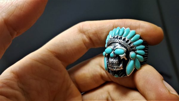 Sterling Silver 925 Skull American Indian Tribal Chief Warrior Natural TURQUOISE Ring Native American Spirit Amulet Talisman