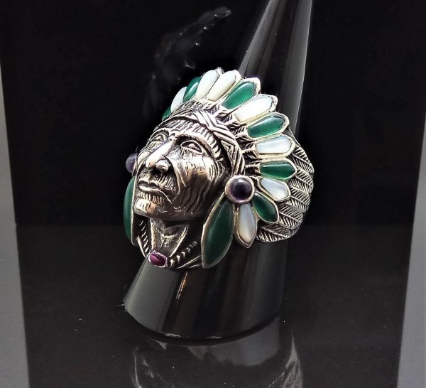 Sterling Silver 925 American Indian Chief Warrior Natural Mother of Pearl & Green Agate Ring Spirit Amulet Talisman Heavy 20 grams