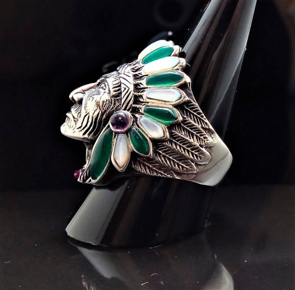 Sterling Silver 925 American Indian Chief Warrior Natural Mother of Pearl & Green Agate Ring Spirit Amulet Talisman Heavy 20 grams