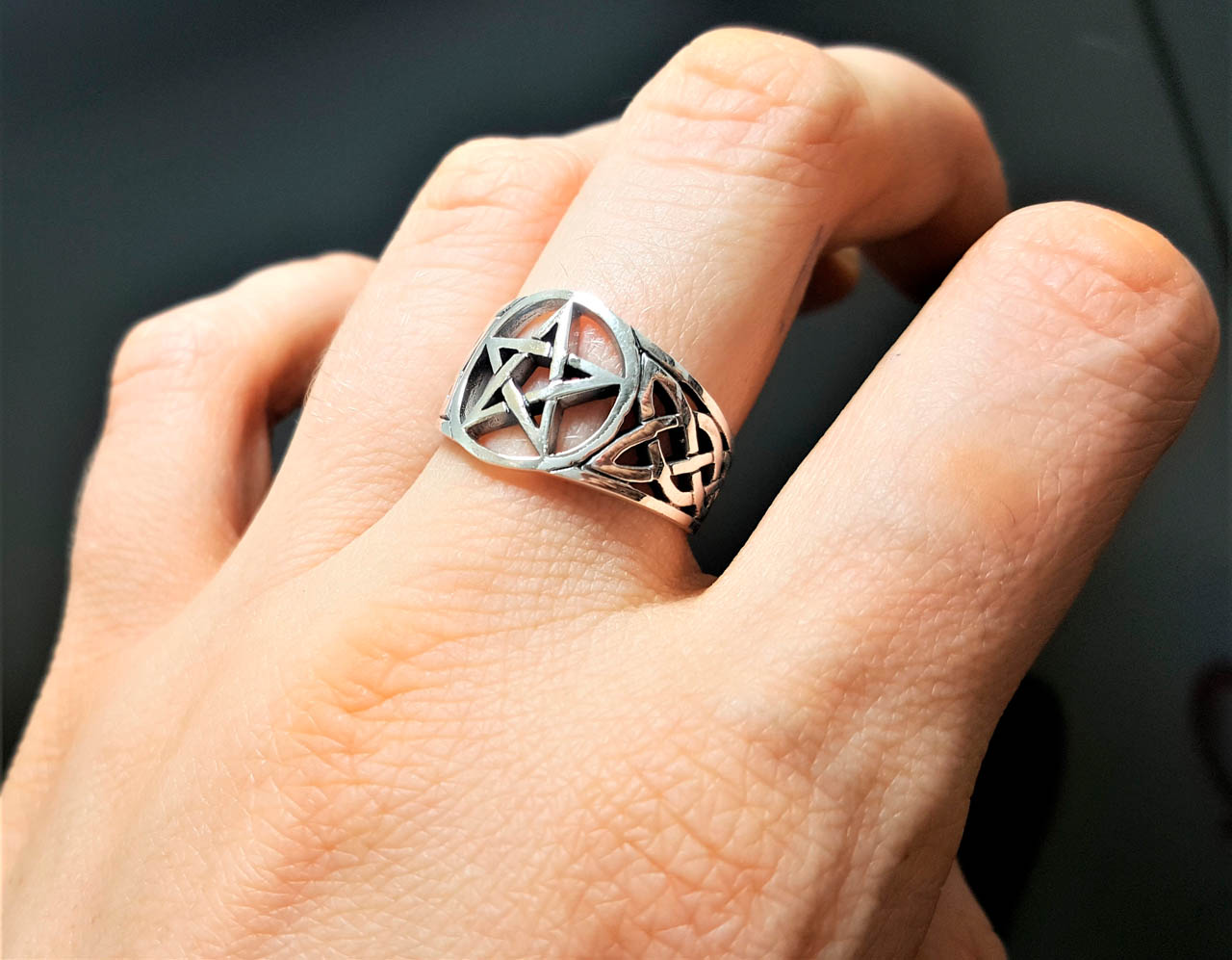 HZMAN Jewelry Silver Stainless Steel Ring with Pentagram and Tribal Designs 